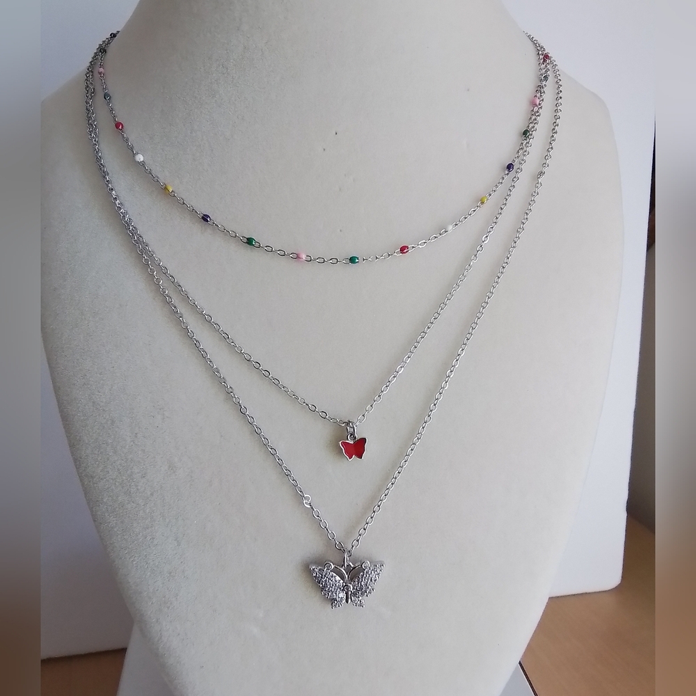 Pretty Bird Layered White Gold Plated Beaded Necklace With Butterflies